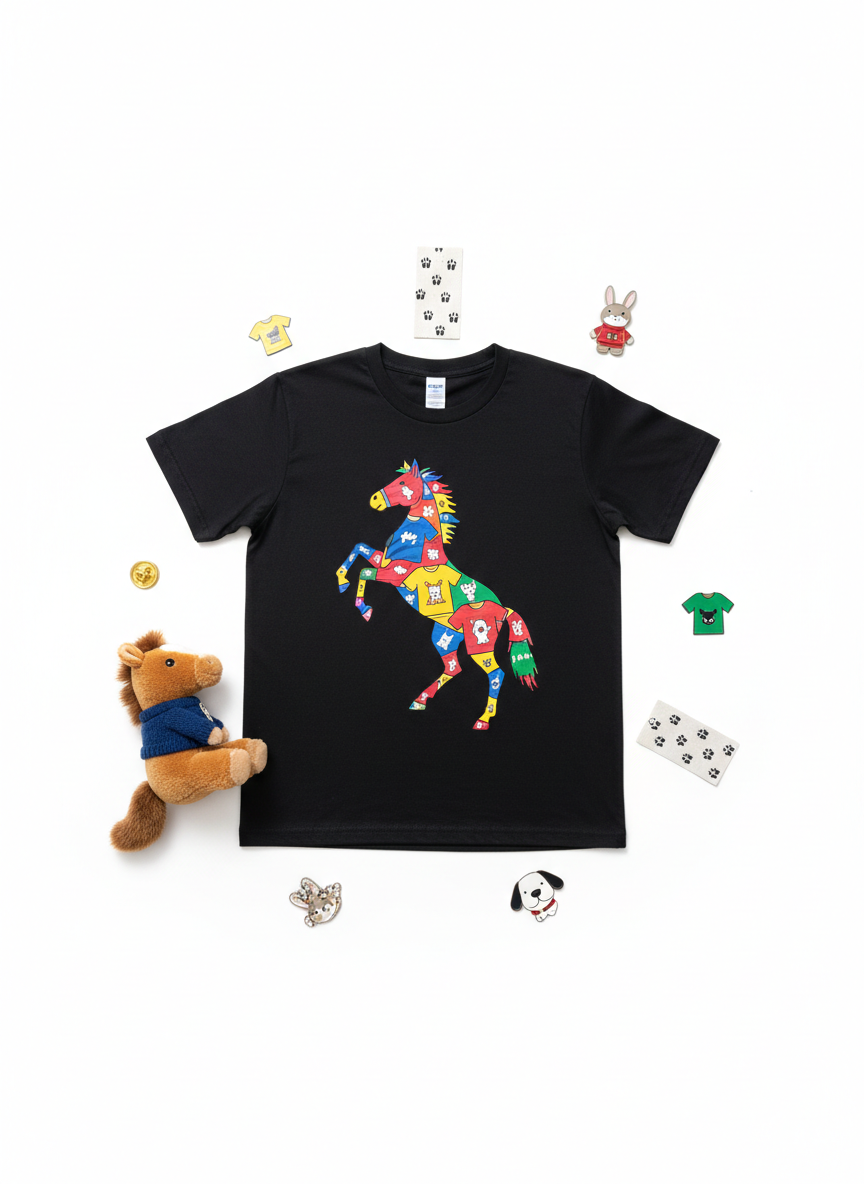 A dynamic flat lay composition of a charcoal-black graphic T-shirt spread out on a white background, surrounded by playful animal-themed accessories: a small plush horse toy, illustrated enamel pins shaped like rabbits and dogs, and printed fabric tags with tiny hoof icons. The T-shirt design shows a stylized horse rearing up, its body filled with a collage of illustrated T-shirts in bright primary colors. Bright, diffused studio lighting eliminates harsh shadows, creating a clean, e-commerce-ready look. Shot from directly overhead with sharp focus and symmetrical arrangement, the shirt sits in the center while the accessories form a loose circular frame. The mood is energetic and imaginative, with a minimalist yet vibrant photographic style that highlights the fun fusion of shirts and animals.