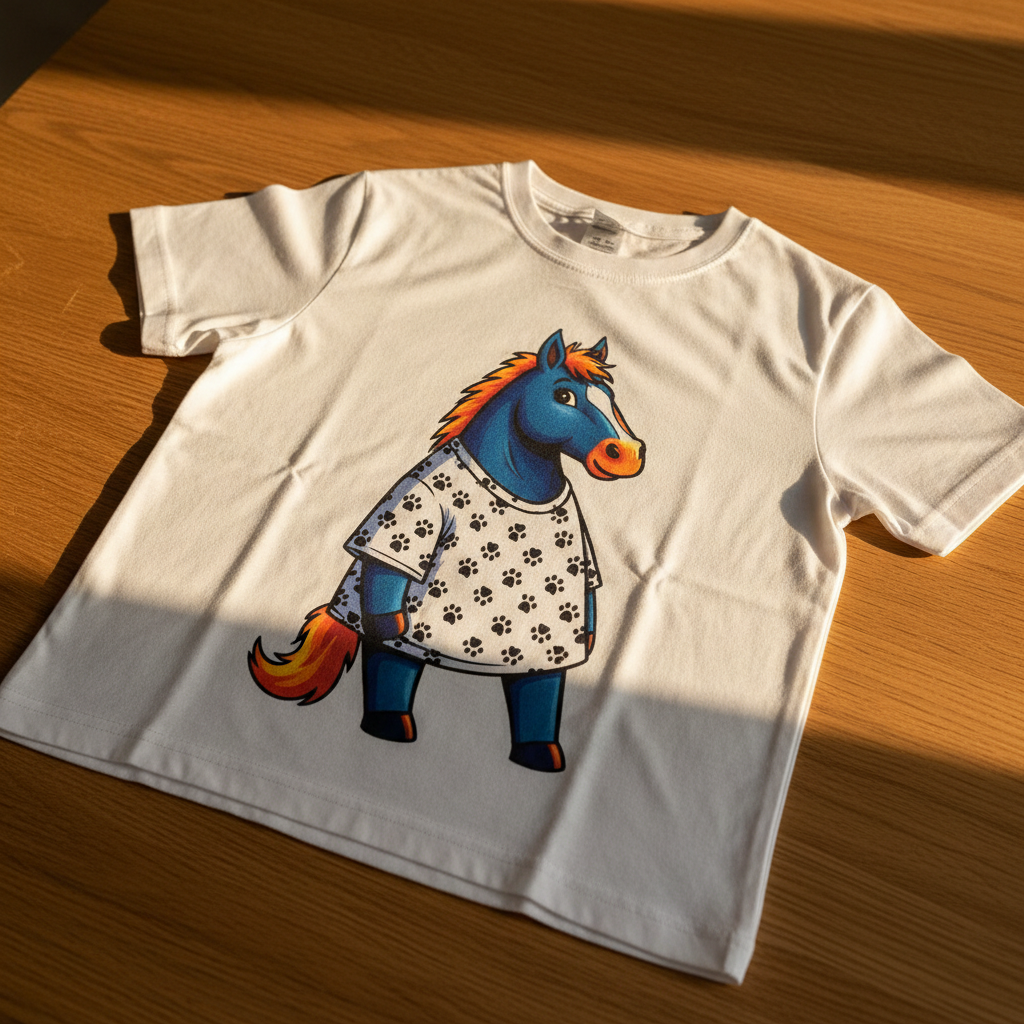 A close-up photographic shot of a white cotton T-shirt laid flat on a smooth oak tabletop, its surface slightly rumpled to reveal the softness of the fabric. On the chest is a vivid print of a cartoon-style horse wearing an oversized T-shirt covered in tiny paw prints, rendered in saturated blues and oranges. Golden-hour sunlight streams in from the right, casting long, playful shadows and warm reflections on the wood grain. The composition follows the rule of thirds, with the horse graphic positioned off-center, leaving negative space around the collar and sleeves. The atmosphere is playful and energetic, with crisp detail on the fabric fibers and print, in a bright, modern, photographic style perfect for an online product gallery.