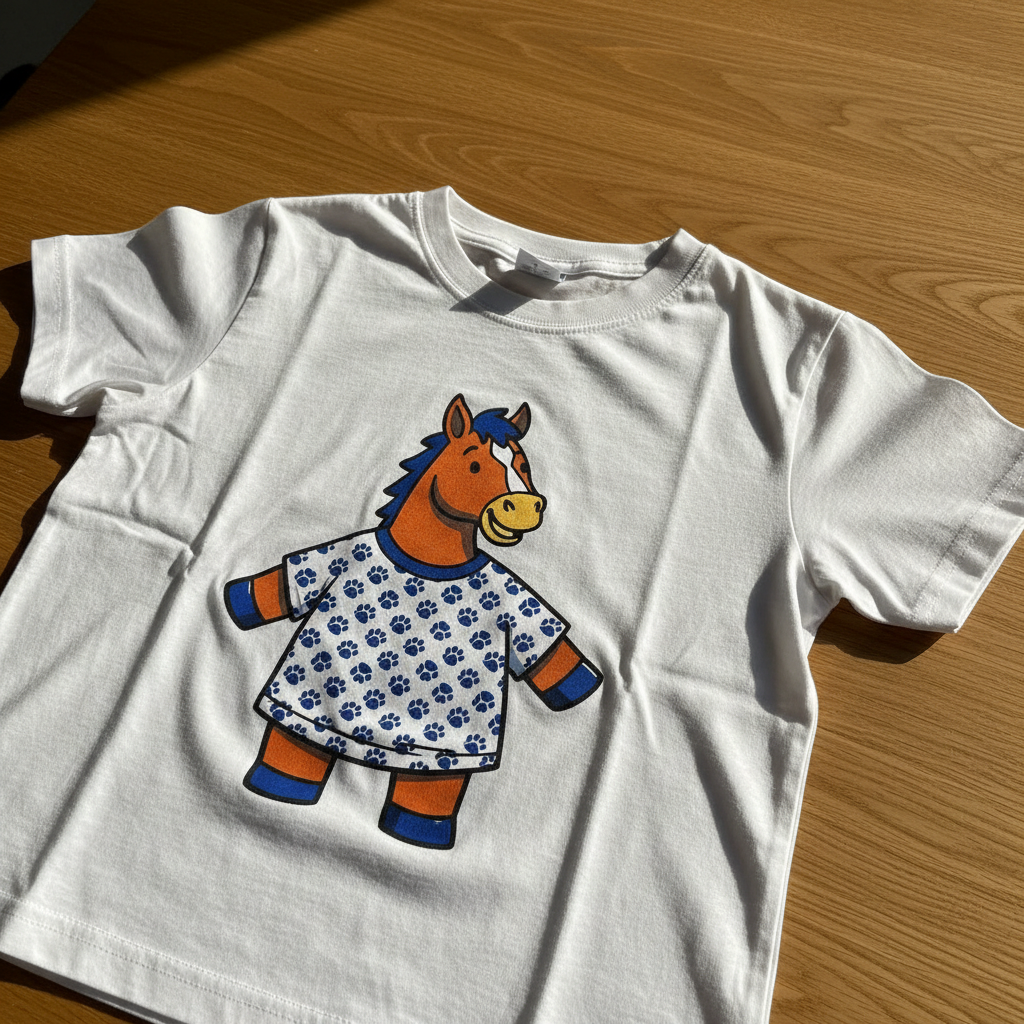 A close-up photographic shot of a white cotton T-shirt laid flat on a smooth oak tabletop, its surface slightly rumpled to reveal the softness of the fabric. On the chest is a vivid print of a cartoon-style horse wearing an oversized T-shirt covered in tiny paw prints, rendered in saturated blues and oranges. Golden-hour sunlight streams in from the right, casting long, playful shadows and warm reflections on the wood grain. The composition follows the rule of thirds, with the horse graphic positioned off-center, leaving negative space around the collar and sleeves. The atmosphere is playful and energetic, with crisp detail on the fabric fibers and print, in a bright, modern, photographic style perfect for an online product gallery.