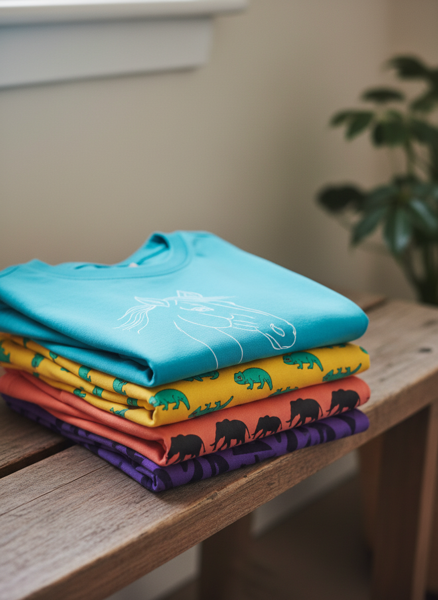 A tidy stack of brightly colored T-shirts—turquoise, sunflower yellow, coral, and deep purple—arranged in a slightly uneven tower on a rustic wooden bench. Each shirt edge reveals a glimpse of different animal-themed prints: a minimalist line-art horse, a pattern of tiny chameleons, and a bold silhouetted herd. Diffused overcast window light softly wraps around the stack, minimizing harsh shadows and emphasizing the smooth cotton texture. Captured from a slightly elevated angle with sharp focus throughout, the background shows a softly blurred neutral wall and a potted plant silhouette. The mood is cheerful and creative, with a photographic realism that highlights variety and choice, ideal for a category or collection banner image.