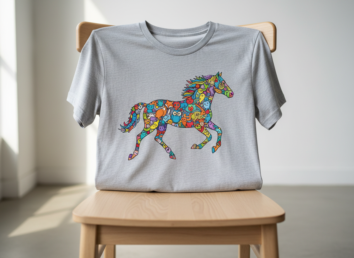 A neatly folded heather-gray unisex T-shirt draped over the back of a simple wooden chair, the fabric soft and slightly textured, featuring a bold, photorealistic illustration of a galloping horse made entirely of playful, colorful doodles of different animals. The chair rests on a clean, light concrete floor against a plain white wall. Soft morning window light from the left creates gentle shadows in the shirt’s folds and subtle highlights on the printed design. Shot at eye level with a shallow depth of field so the shirt graphic is razor sharp while the background falls into a creamy blur. The mood is bright, fun, and inviting, with a clean, photographic realism that showcases the shirt as the hero product.