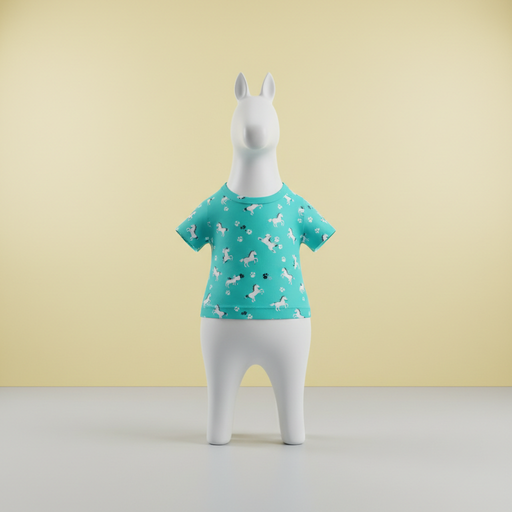 A whimsical scene of a child-sized mannequin shaped like a simplified, smooth white horse torso, wearing a bright teal T-shirt that fits snugly over its curved body. The shirt features a playful pattern of tiny galloping horses and paw prints in contrasting white. The mannequin stands on a clean, light gray studio floor with a seamless backdrop in soft pastel yellow. Gentle studio lighting from both sides creates even illumination, subtle shadow under the mannequin, and a slight sheen on the printed design. Shot straight-on at chest height, with a centered composition and generous negative space around the subject. The atmosphere is lighthearted and quirky, rendered in crisp, modern photographic realism that emphasizes the brand’s fun, animal-loving personality.