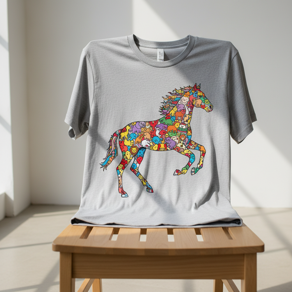 A neatly folded heather-gray unisex T-shirt draped over the back of a simple wooden chair, the fabric soft and slightly textured, featuring a bold, photorealistic illustration of a galloping horse made entirely of playful, colorful doodles of different animals. The chair rests on a clean, light concrete floor against a plain white wall. Soft morning window light from the left creates gentle shadows in the shirt’s folds and subtle highlights on the printed design. Shot at eye level with a shallow depth of field so the shirt graphic is razor sharp while the background falls into a creamy blur. The mood is bright, fun, and inviting, with a clean, photographic realism that showcases the shirt as the hero product.